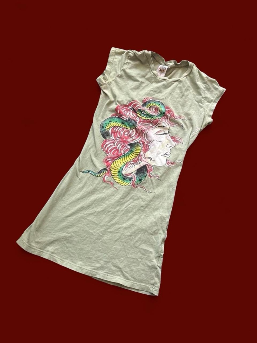 Vintage Ed Hardy Graphic Snake & Woman Crewneck Tee Dress - Sage Green